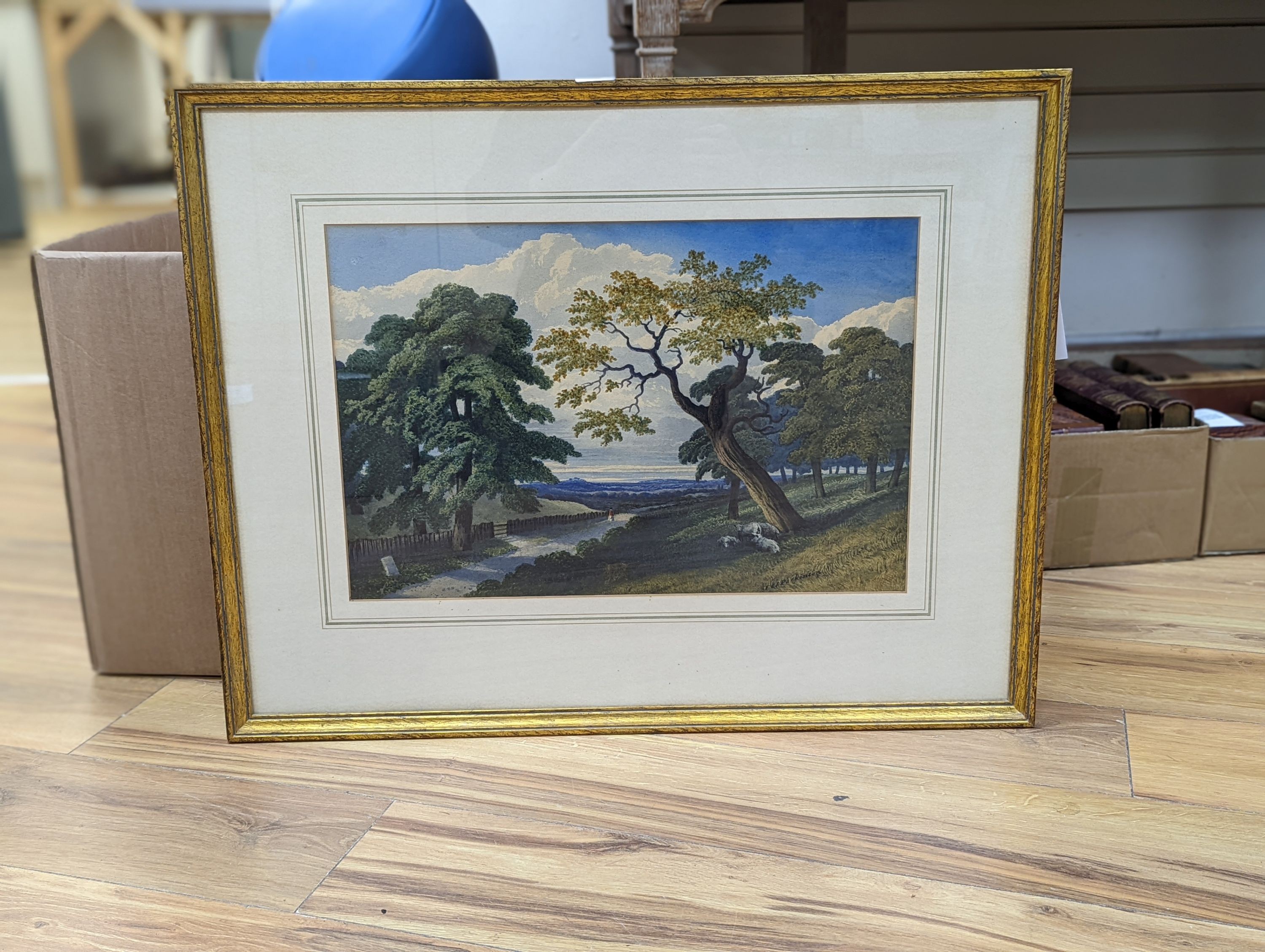 F & J Parkinson, watercolour, Landscape with figure on a lane, signed, 32 x 49cm